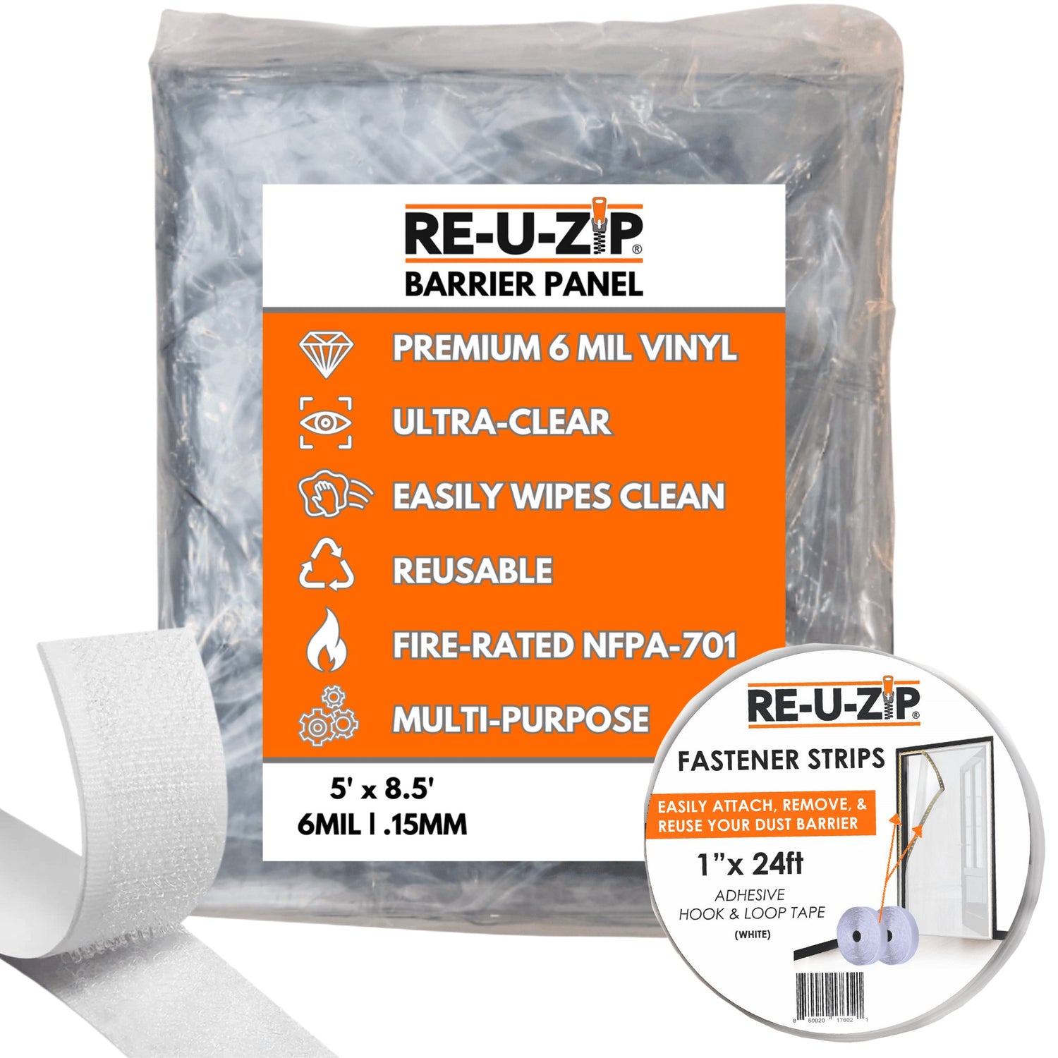 RE-U-ZIP® Ultra-Clear Fire-Rated Barrier Panels – reusable, NFPA-701 compliant dust containment panels with professional-grade visibility.