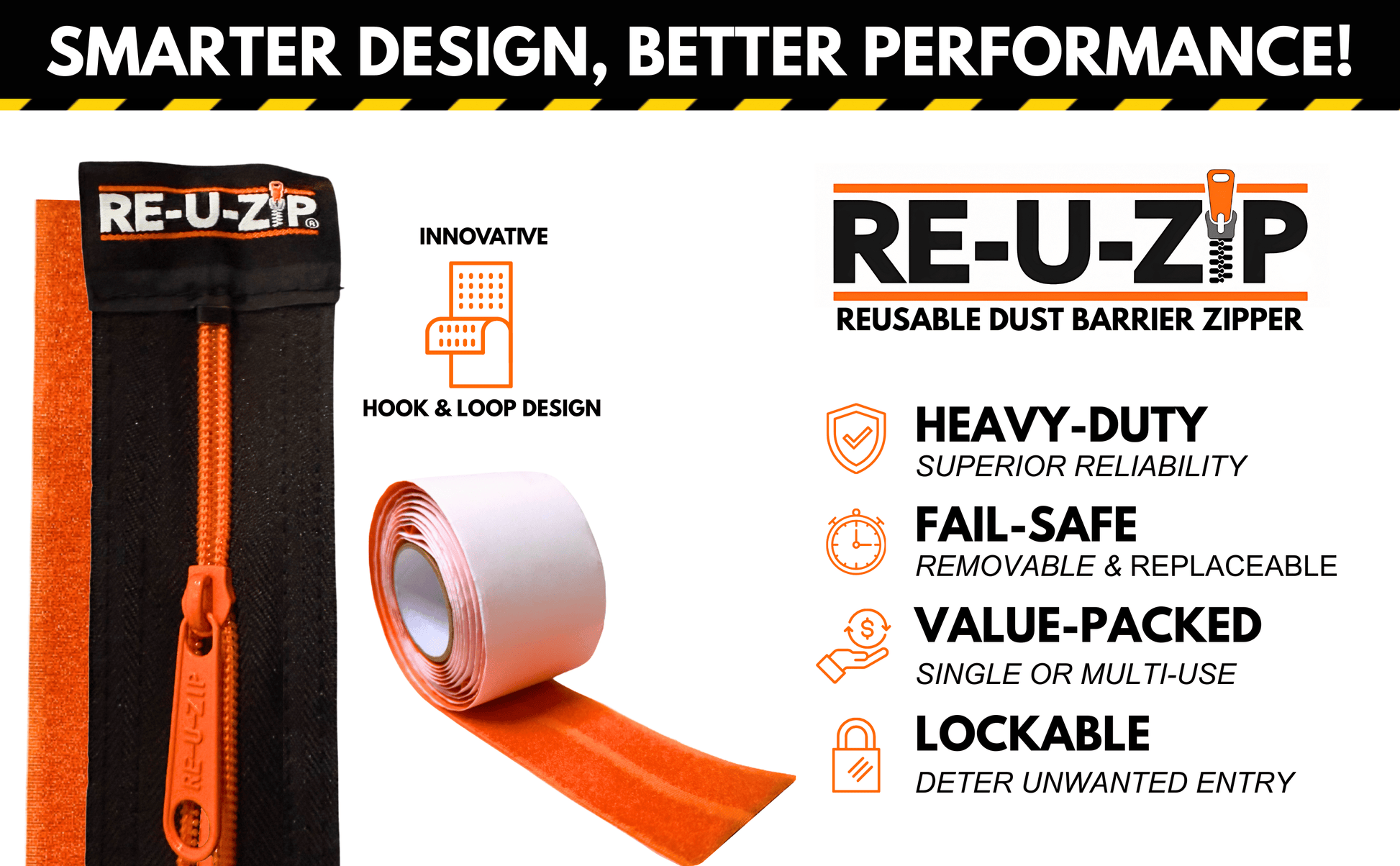 RE-U-ZIP® Reusable Dust Barrier Zipper – innovative hook-and-loop Fail-Safe™ design, heavy-duty, lockable, and reusable for professional containment.