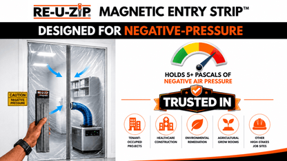RE-U-ZIP® | DUST CONTAINMENT EVOLVED™ Construction 5 x 8.5 FT 6 Mil FR Barrier + 24 FT Fastener Strips RE-U-ZIP® Ultra-Clear Magnetic Flap Door Kit