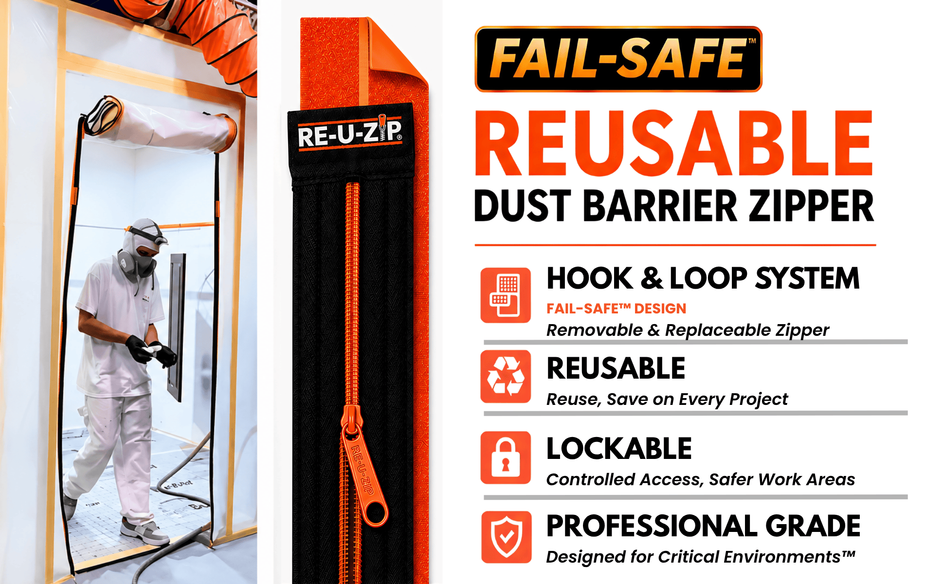 RE-U-ZIP® | DUST CONTAINMENT EVOLVED™ Construction RE-U-ZIP® Fail-Safe™ Reusable Dust Barrier Zipper | Starter Kit