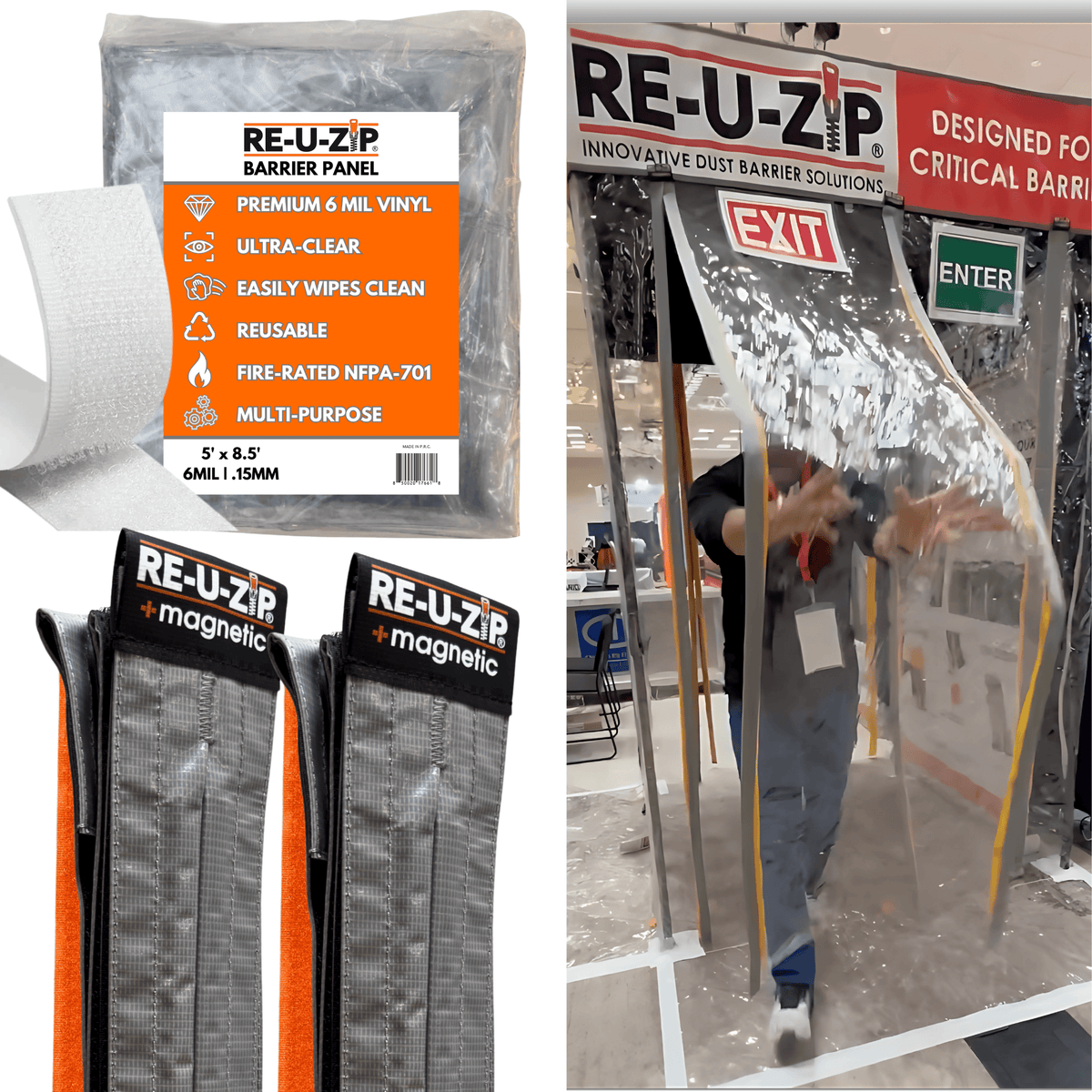 RE-U-ZIP® | DUST CONTAINMENT EVOLVED™ Construction Standard | 3.4 x 7.2 FT 6 Mil FR Barrier + 24 FT Fastener Strips RE-U-ZIP® Ultra-Clear Magnetic Flap Door Kit