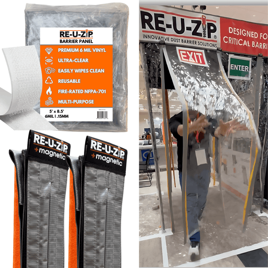 RE-U-ZIP® | DUST CONTAINMENT EVOLVED™ Construction Standard | 3.4 x 7.2 FT 6 Mil FR Barrier + 24 FT Fastener Strips RE-U-ZIP® Ultra-Clear Magnetic Flap Door Kit