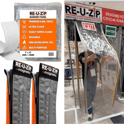 RE-U-ZIP® | DUST CONTAINMENT EVOLVED™ Construction XL | 7 x 12 FT 6 Mil FR Barrier + 48 FT Fastener Strips RE-U-ZIP® Ultra-Clear Magnetic Flap Door Kit