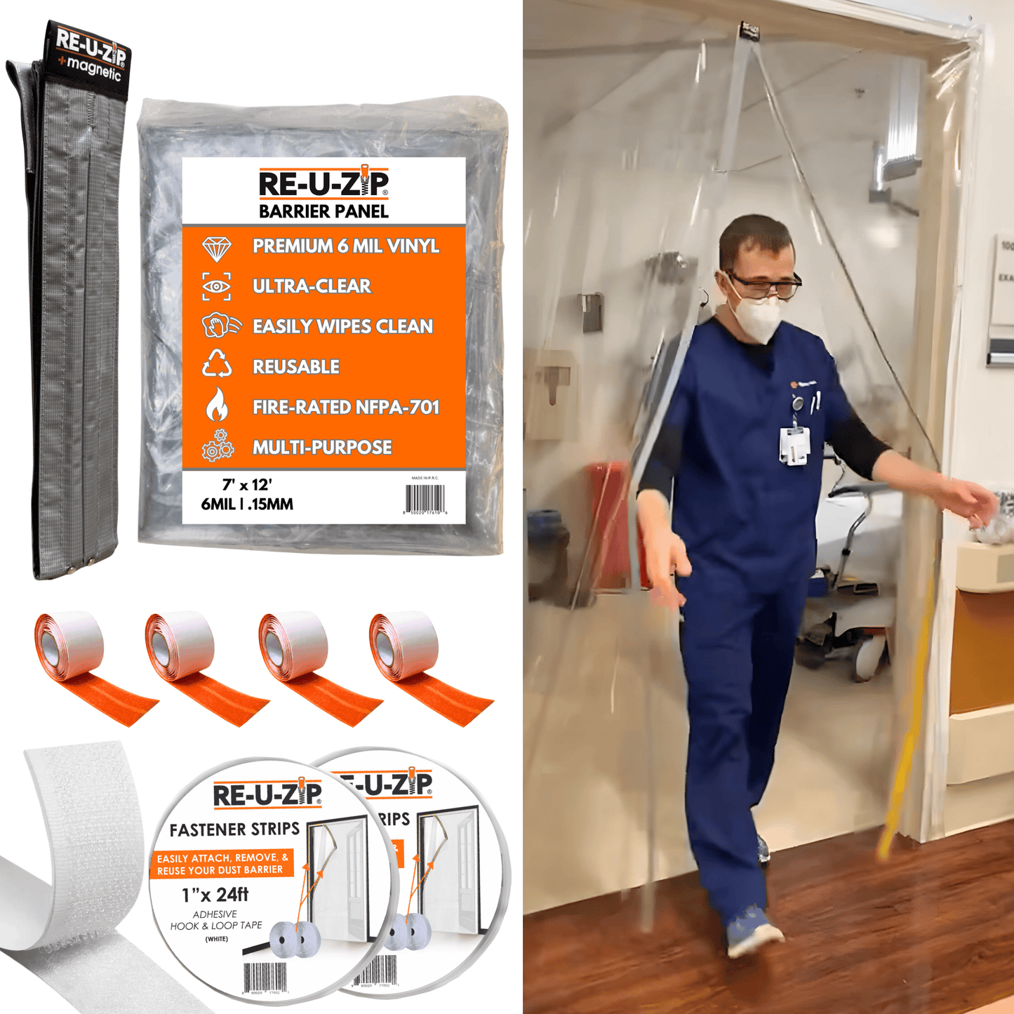 RE-U-ZIP INNOVATIVE DUST BARRIER SOLUTIONS Construction XL 6 Mil (7x12ft) RE-U-ZIP® ULTRA-CLEAR MAGNETIC DOOR KIT